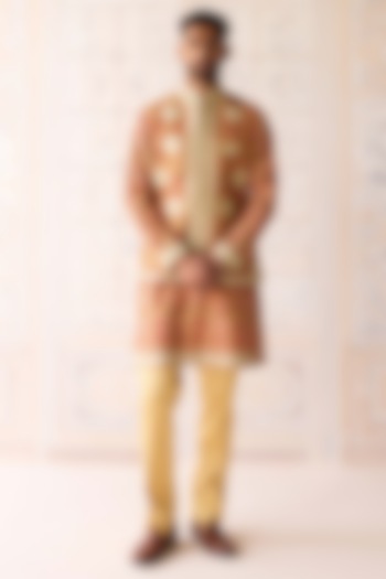 Golden Yellow Raw Silk Printed & Embroidered Nehru Jacket Set by Shyam Narayan Prasad Men at Pernia's Pop Up Shop
