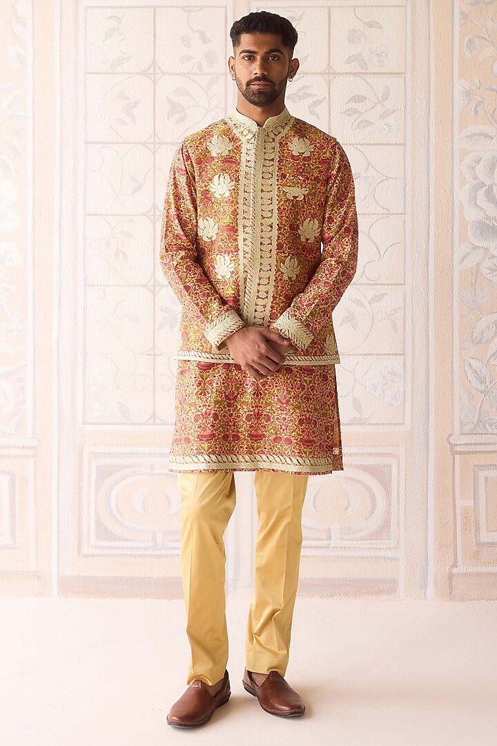 Golden Yellow Raw Silk Printed & Embroidered Nehru Jacket Set by Shyam Narayan Prasad Men at Pernia's Pop Up Shop