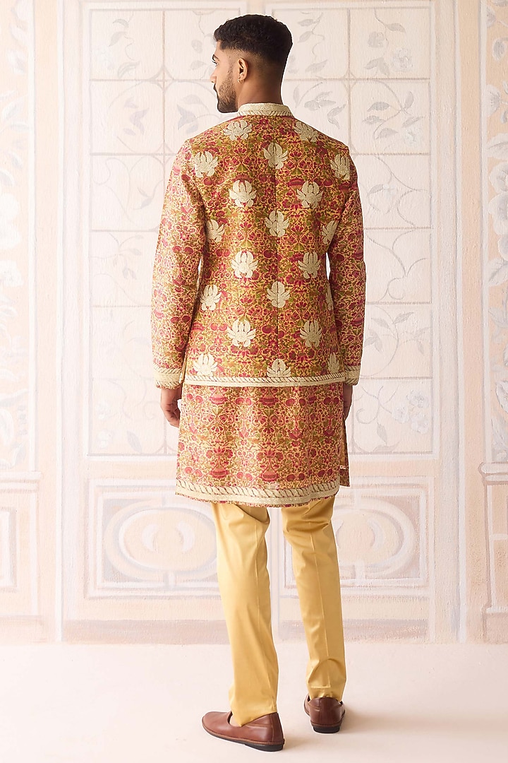 Golden Yellow Raw Silk Printed & Embroidered Nehru Jacket Set by Shyam Narayan Prasad Men at Pernia's Pop Up Shop