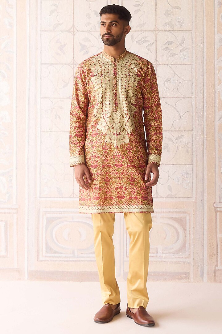 Golden Yellow Raw Silk Printed & Embroidered Nehru Jacket Set by Shyam Narayan Prasad Men at Pernia's Pop Up Shop