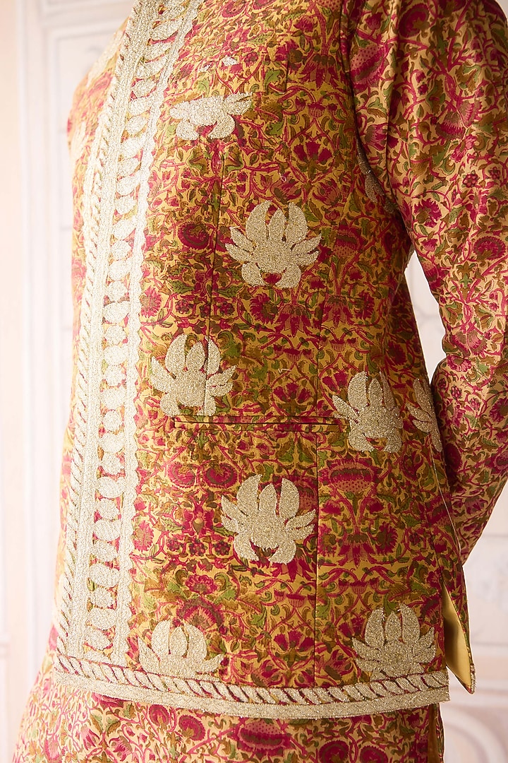 Golden Yellow Raw Silk Printed & Embroidered Nehru Jacket Set by Shyam Narayan Prasad Men at Pernia's Pop Up Shop