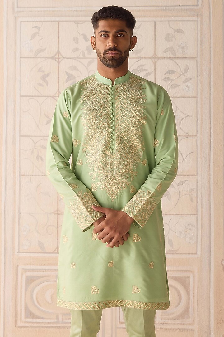 Reed Green Cotton Silk Thread Embroidered Kurta Set by Shyam Narayan Prasad Men at Pernia's Pop Up Shop