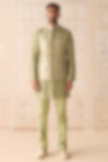 Hemlock Green Silk Brocade Hand Block Printed Nehru Jacket Set by Shyam Narayan Prasad Men at Pernia's Pop Up Shop