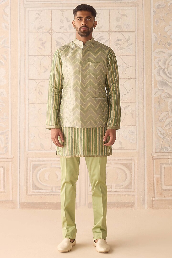 Hemlock Green Silk Brocade Hand Block Printed Nehru Jacket Set by Shyam Narayan Prasad Men at Pernia's Pop Up Shop