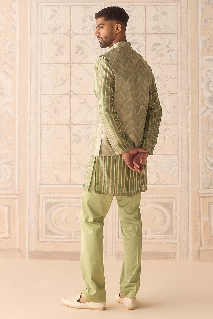 Hemlock Green Silk Brocade Hand Block Printed Nehru Jacket Set by Shyam Narayan Prasad Men at Pernia's Pop Up Shop