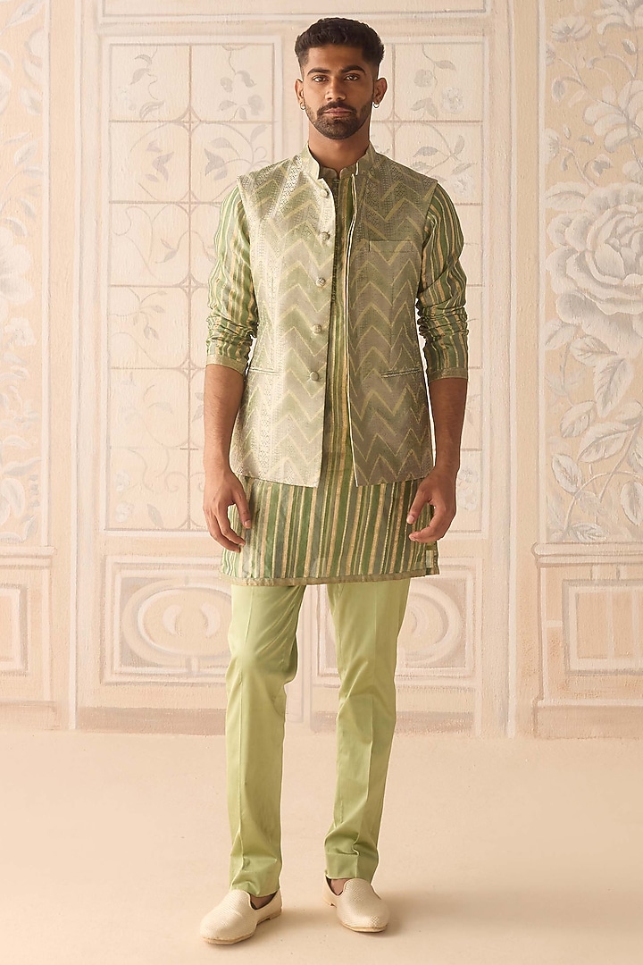 Hemlock Green Silk Brocade Hand Block Printed Nehru Jacket Set by Shyam Narayan Prasad Men at Pernia's Pop Up Shop