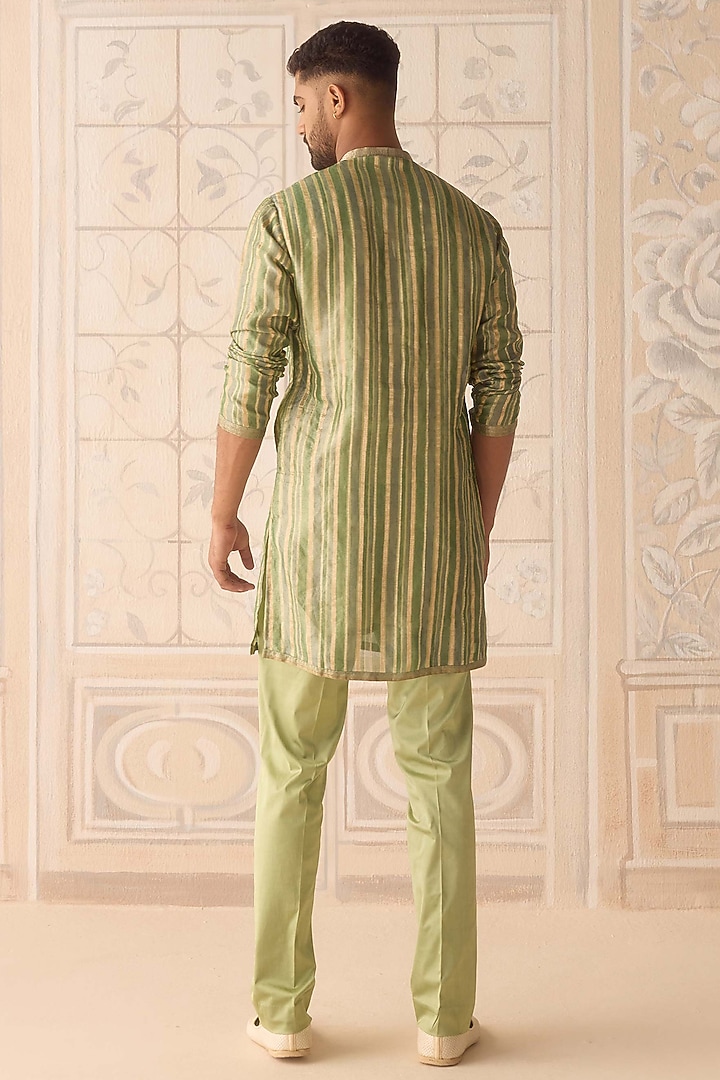 Hemlock Green Silk Brocade Hand Block Printed Nehru Jacket Set by Shyam Narayan Prasad Men at Pernia's Pop Up Shop