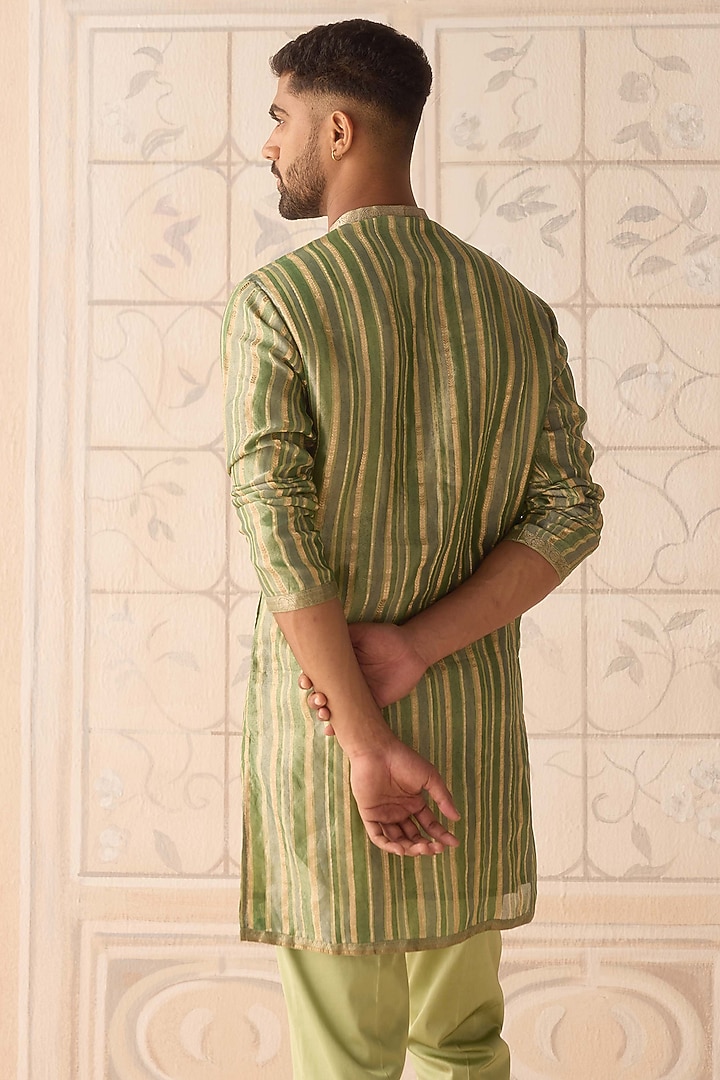 Hemlock Green Silk Brocade Hand Block Printed Nehru Jacket Set by Shyam Narayan Prasad Men at Pernia's Pop Up Shop