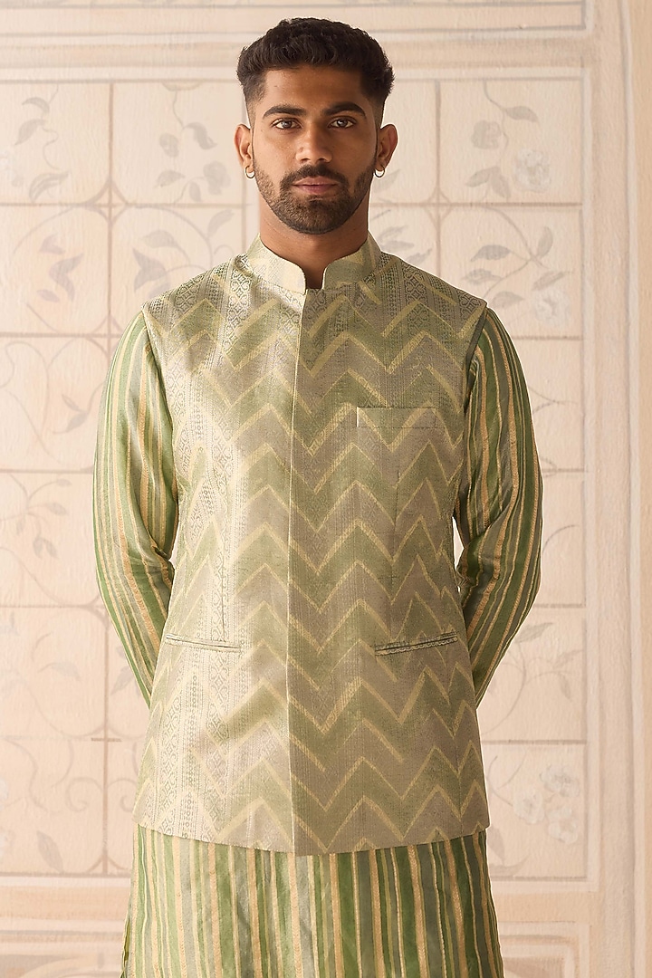 Hemlock Green Silk Brocade Hand Block Printed Nehru Jacket Set by Shyam Narayan Prasad Men at Pernia's Pop Up Shop