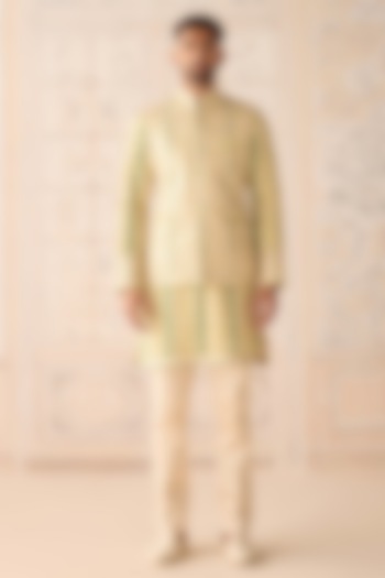 Ivory Raw Silk Printed & Embroidered Nehru Jacket Set by Shyam Narayan Prasad Men at Pernia's Pop Up Shop