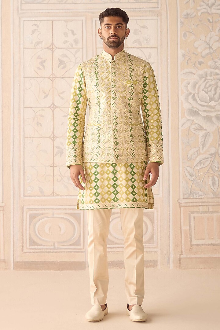 Ivory Raw Silk Printed & Embroidered Nehru Jacket Set by Shyam Narayan Prasad Men at Pernia's Pop Up Shop