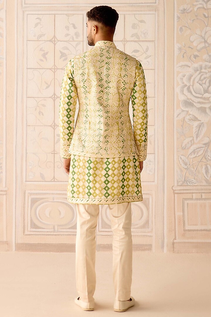 Ivory Raw Silk Printed & Embroidered Nehru Jacket Set by Shyam Narayan Prasad Men at Pernia's Pop Up Shop