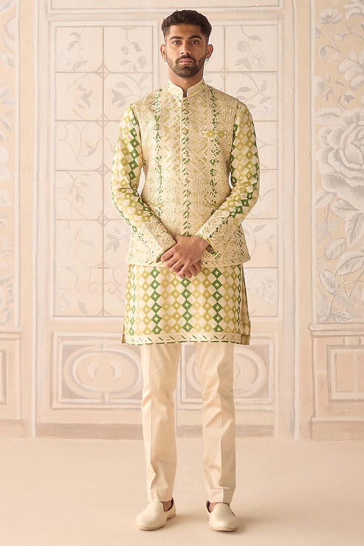 Ivory Raw Silk Printed & Embroidered Nehru Jacket Set by Shyam Narayan Prasad Men at Pernia's Pop Up Shop