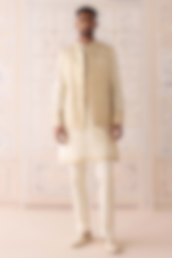 Ivory Cotton Silk Thread Embroidered Nehru Jacket Set by Shyam Narayan Prasad Men at Pernia's Pop Up Shop