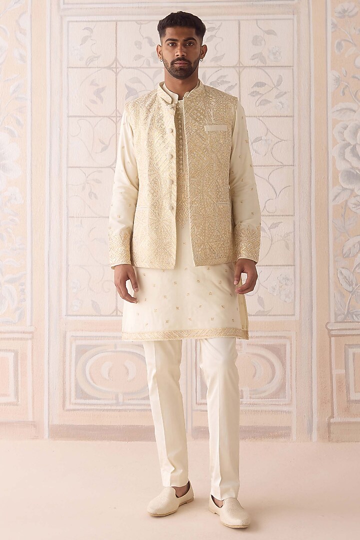 Ivory Cotton Silk Thread Embroidered Nehru Jacket Set by Shyam Narayan Prasad Men at Pernia's Pop Up Shop