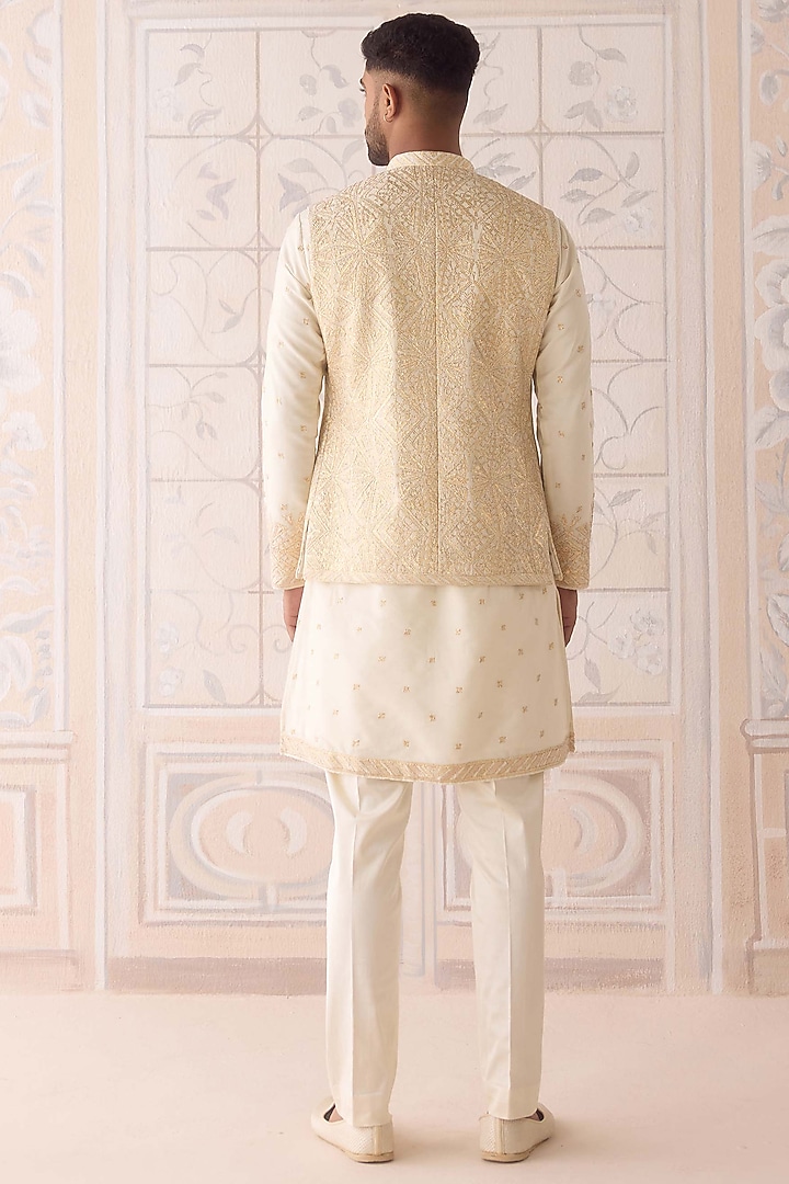 Ivory Cotton Silk Thread Embroidered Nehru Jacket Set by Shyam Narayan Prasad Men at Pernia's Pop Up Shop