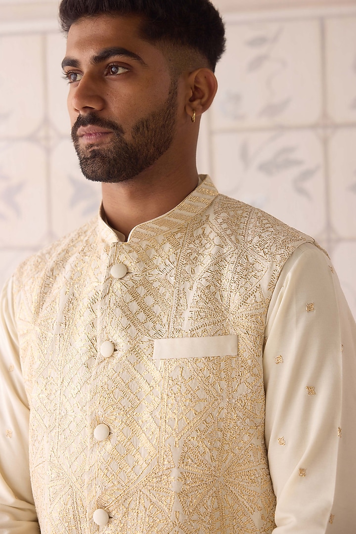 Ivory Cotton Silk Thread Embroidered Nehru Jacket Set by Shyam Narayan Prasad Men at Pernia's Pop Up Shop