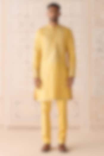 Maize Yellow Cotton Silk Thread Embroidered Kurta Set by Shyam Narayan Prasad Men at Pernia's Pop Up Shop