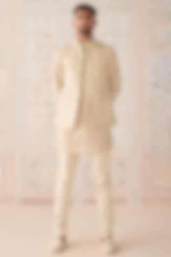 Antique White Cotton Silk Printed & Embroidered Nehru Jacket Set by Shyam Narayan Prasad Men at Pernia's Pop Up Shop