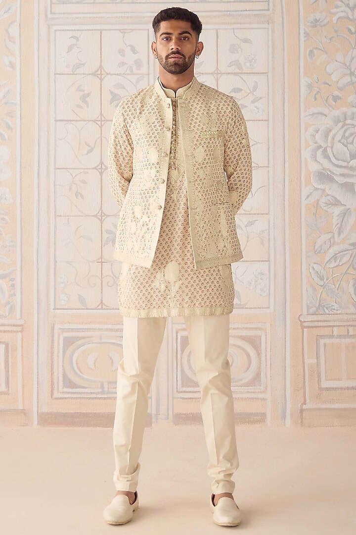 Antique White Cotton Silk Printed & Embroidered Nehru Jacket Set by Shyam Narayan Prasad Men at Pernia's Pop Up Shop