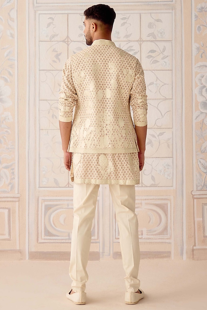 Antique White Cotton Silk Printed & Embroidered Nehru Jacket Set by Shyam Narayan Prasad Men at Pernia's Pop Up Shop