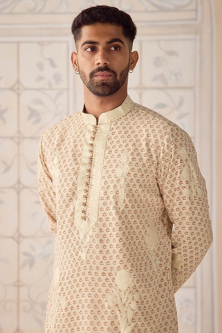 Antique White Cotton Silk Printed & Embroidered Nehru Jacket Set by Shyam Narayan Prasad Men at Pernia's Pop Up Shop