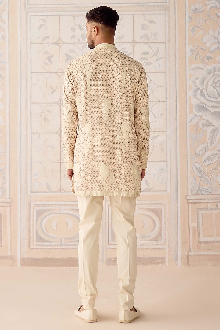 Antique White Cotton Silk Printed & Embroidered Nehru Jacket Set by Shyam Narayan Prasad Men at Pernia's Pop Up Shop