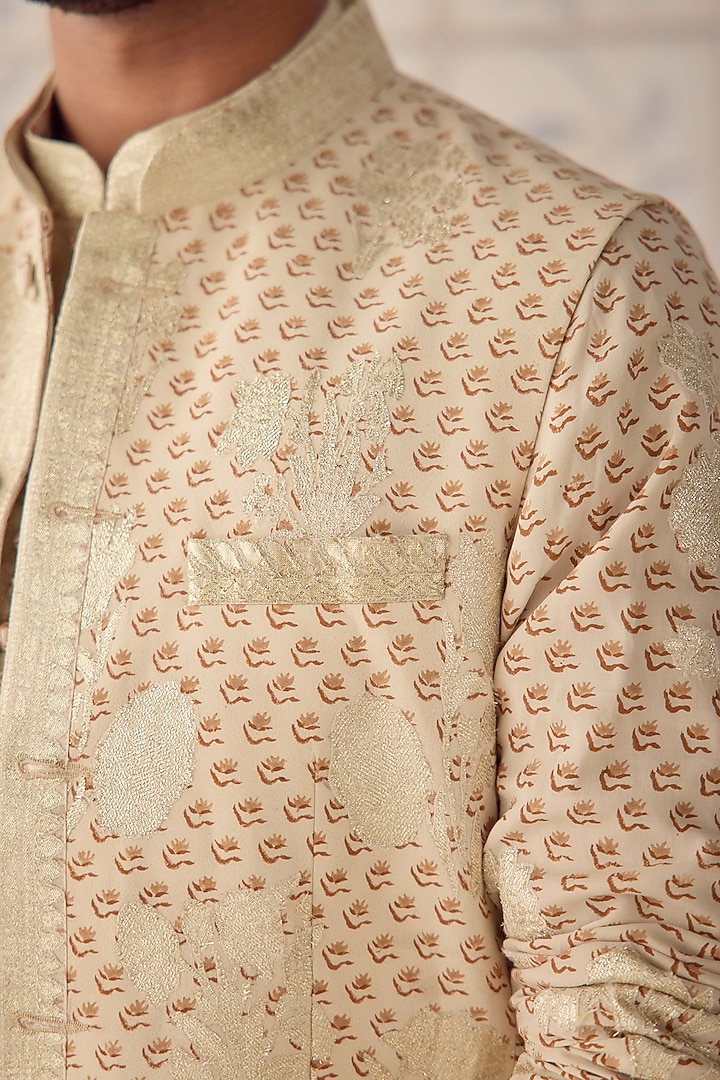 Antique White Cotton Silk Printed & Embroidered Nehru Jacket Set by Shyam Narayan Prasad Men at Pernia's Pop Up Shop