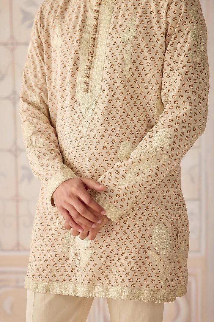 Antique White Cotton Silk Printed & Embroidered Nehru Jacket Set by Shyam Narayan Prasad Men at Pernia's Pop Up Shop