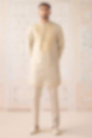 Metallic Ivory Organza Silk Brocade Thread Embroidered Kurta Set by Shyam Narayan Prasad Men at Pernia's Pop Up Shop