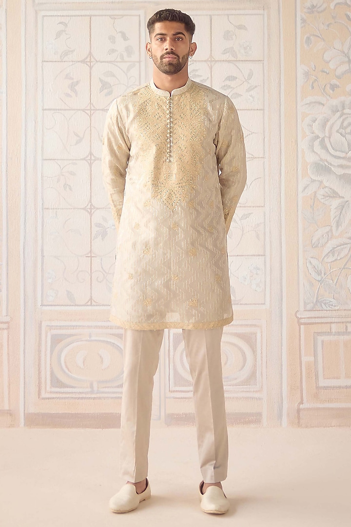 Metallic Ivory Organza Silk Brocade Thread Embroidered Kurta Set by Shyam Narayan Prasad Men at Pernia's Pop Up Shop