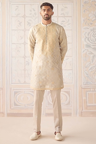 Metallic Ivory Organza Silk Brocade Thread Embroidered Kurta Set by Shyam Narayan Prasad Men