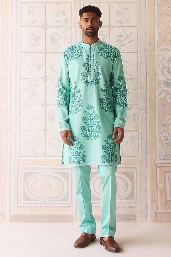 Plum Blue Chanderi Hand Block Printed Kurta Set by Shyam Narayan Prasad Men at Pernia's Pop Up Shop