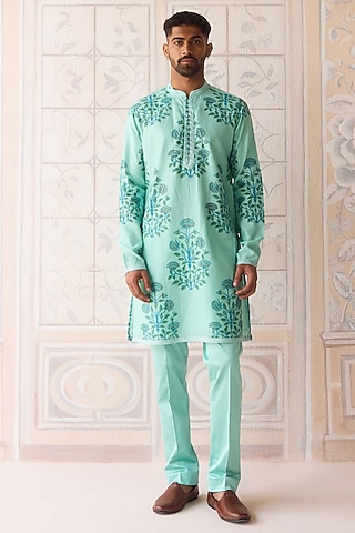 Plum Blue Chanderi Hand Block Printed Kurta Set by Shyam Narayan Prasad Men