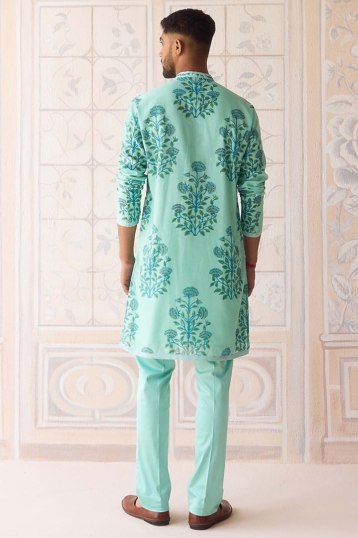 Plum Blue Chanderi Hand Block Printed Kurta Set by Shyam Narayan Prasad Men at Pernia's Pop Up Shop