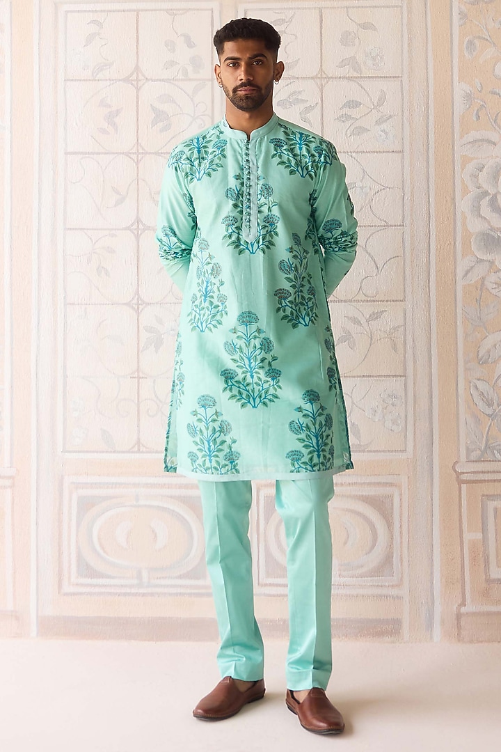 Plum Blue Chanderi Hand Block Printed Kurta Set by Shyam Narayan Prasad Men at Pernia's Pop Up Shop
