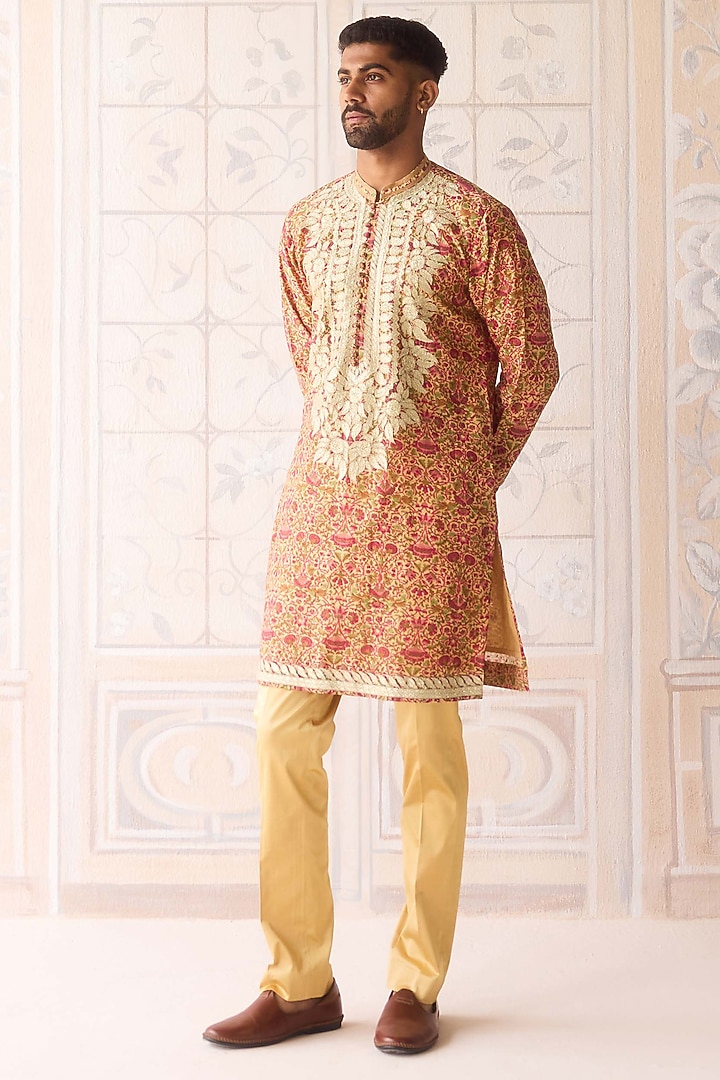 Golden Yellow Raw Silk Printed & Embroidered Kurta Set by Shyam Narayan Prasad Men at Pernia's Pop Up Shop