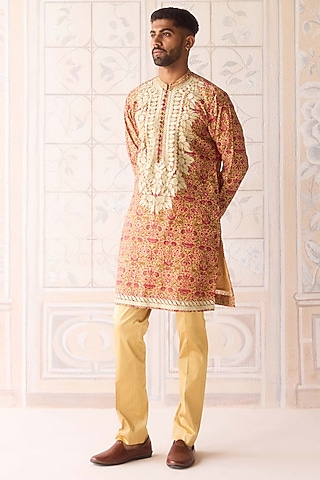 Golden Yellow Raw Silk Printed & Embroidered Kurta Set by Shyam Narayan Prasad Men