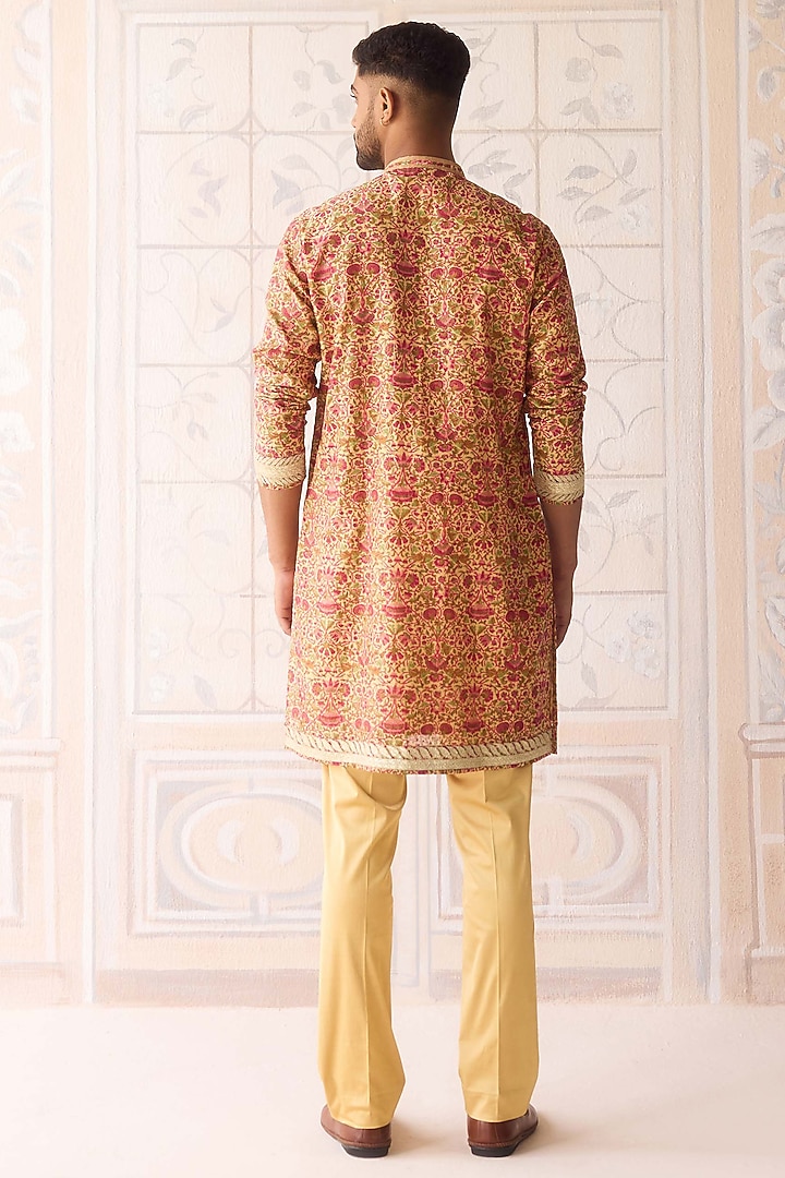 Golden Yellow Raw Silk Printed & Embroidered Kurta Set by Shyam Narayan Prasad Men at Pernia's Pop Up Shop