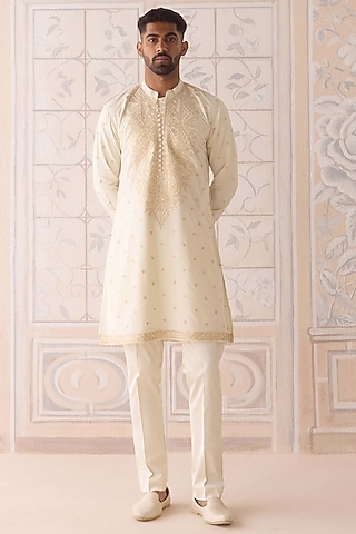 Off-White Cotton Silk Thread Embroidered Kurta Set by Shyam Narayan Prasad Men