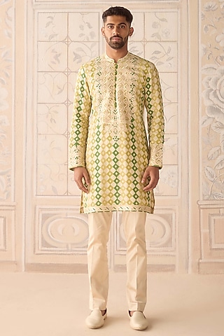 Ivory Chanderi Printed & Embroidered Kurta Set by Shyam Narayan Prasad Men