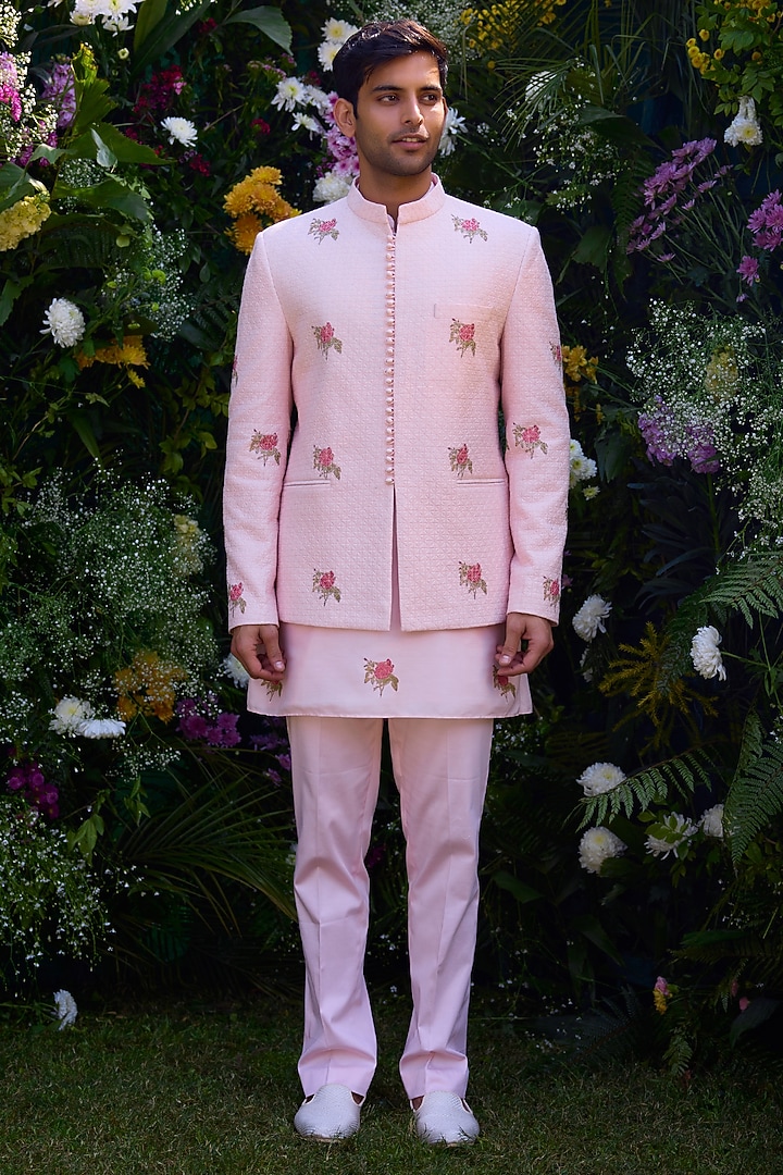 Crystal Pink Silk Chanderi Handblock Printed Jacket Set by Shyam Narayan Prasad Men at Pernia's Pop Up Shop