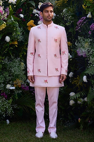 Crystal Pink Silk Chanderi Handblock Printed Jacket Set by Shyam Narayan Prasad Men