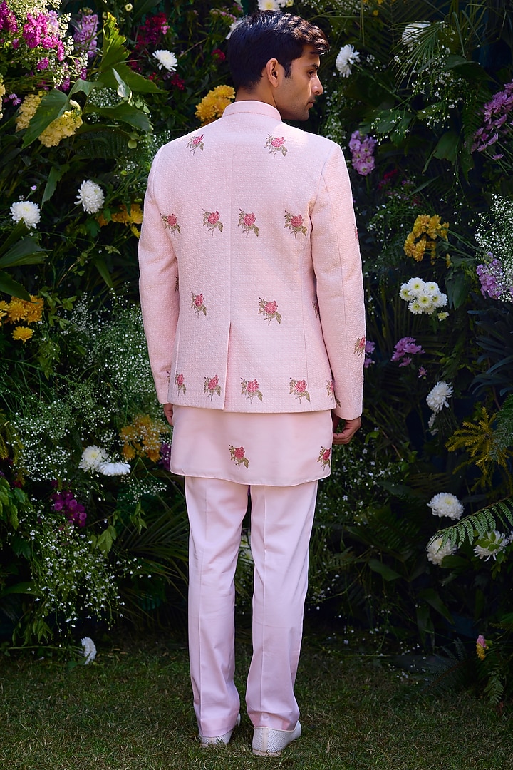 Crystal Pink Silk Chanderi Handblock Printed Jacket Set by Shyam Narayan Prasad Men at Pernia's Pop Up Shop