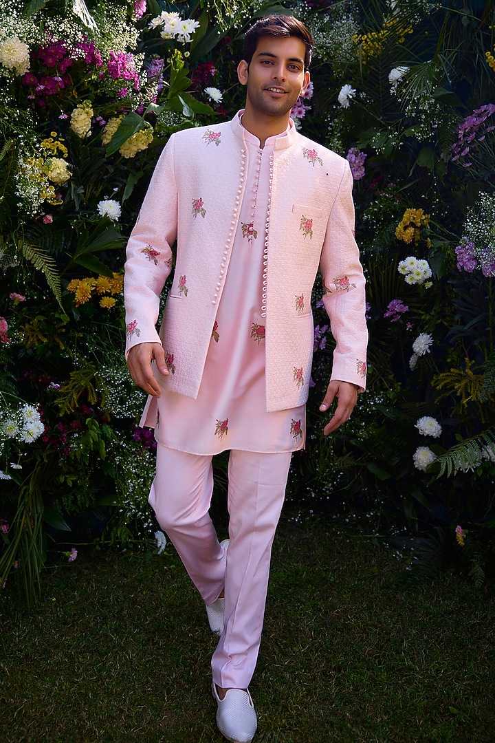 Crystal Pink Silk Chanderi Handblock Printed Jacket Set by Shyam Narayan Prasad Men at Pernia's Pop Up Shop
