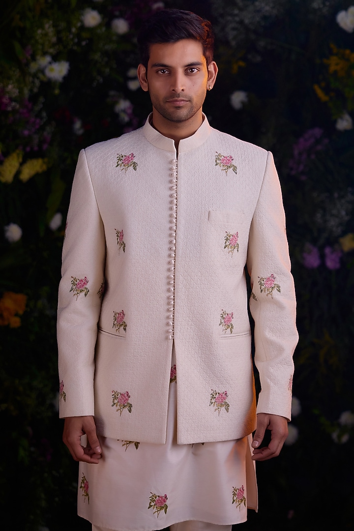 Crystal Pink Silk Chanderi Handblock Printed Jacket Set by Shyam Narayan Prasad Men at Pernia's Pop Up Shop
