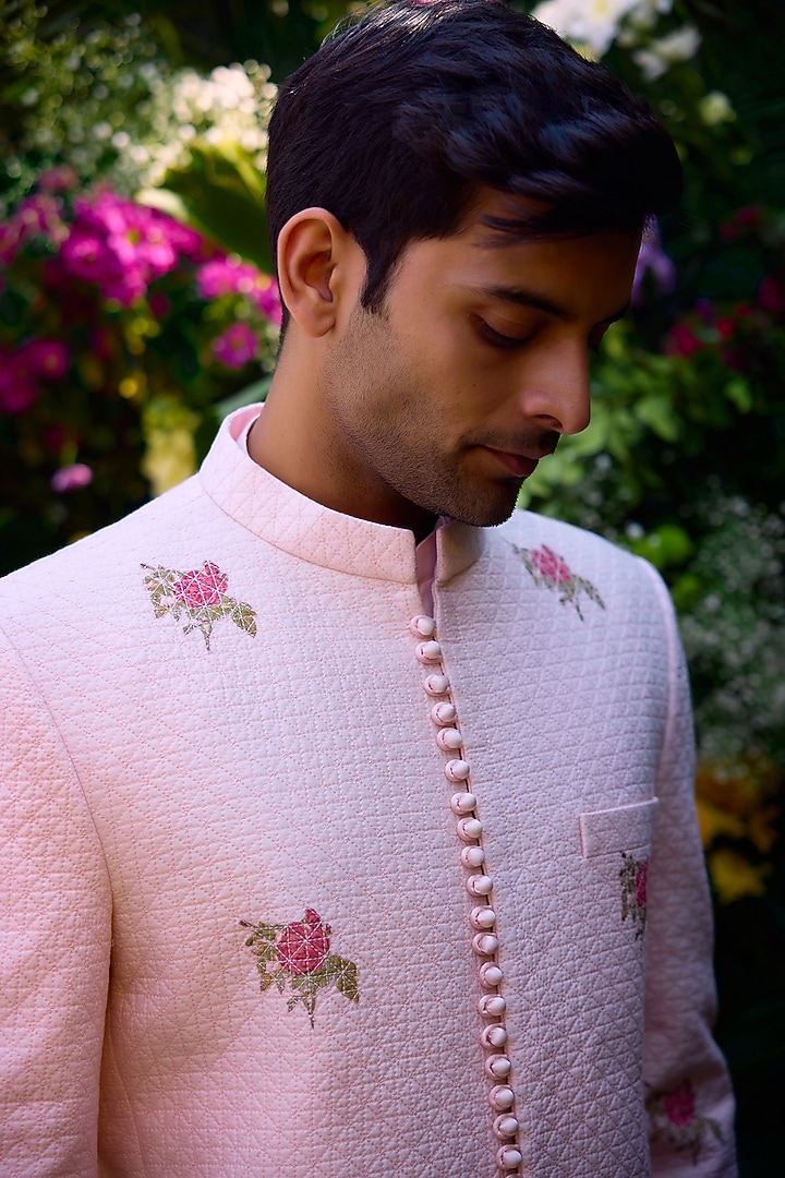Crystal Pink Silk Chanderi Handblock Printed Jacket Set by Shyam Narayan Prasad Men at Pernia's Pop Up Shop