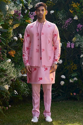 Prism Pink Cotton Silk Handblock Printed Bundi Jacket Set by Shyam Narayan Prasad Men