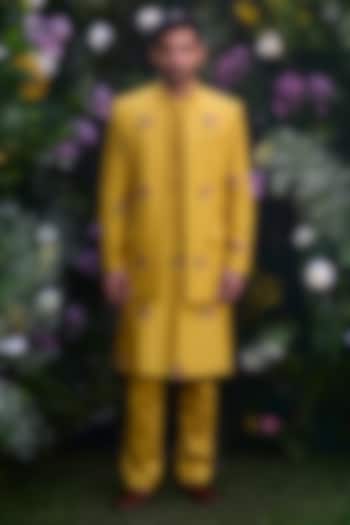 Golden Yellow Cotton Silk Handblock Printed Bundi Jacket Set by Shyam Narayan Prasad Men at Pernia's Pop Up Shop