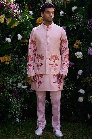 Cloud Pink Cotton Silk Handblock Printed Bundi Jacket Set by Shyam Narayan Prasad Men